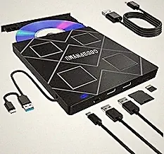 5-in-1 Extemal CD/DVD Drive for Laptop,USB 3.0 & Type-C Portable CD/DvD Rw Burner with SD/TF Card Reader &DVD-ROM Rewritable Player，Compatible with Laptop Pc Desktop, Windows11/10/8/7 Linux Mac os