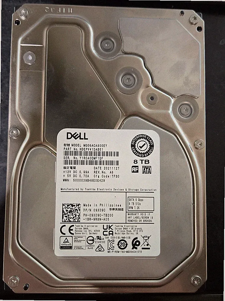 09X09C MG06ACA800EY DELL 8TB 7.2K 6G 512E SATA 3.5" ENTERPRISE HARD DRIVE