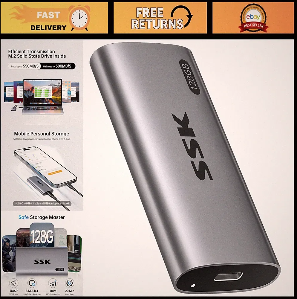 128GB Portable SSD External Hard Drive, 550MB/s USB 3.2 Gen2 for iPhone, Windows