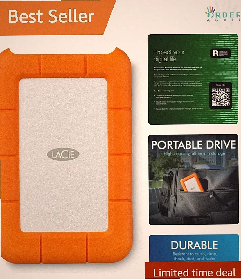 1TB External Rugged Mini Hard Drive Portable Shockproof Water-Resistant USB 3.2