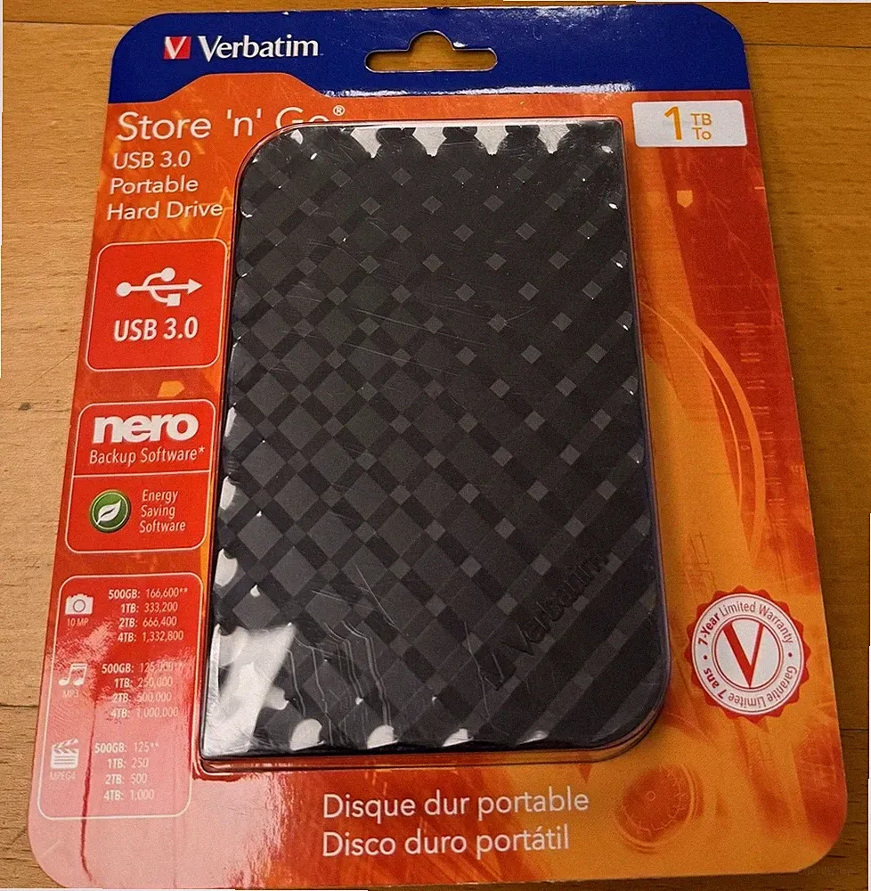 1TB Verbatim Store N Go Portable Hard Drive USB 3.0 5400RPM Black 97395