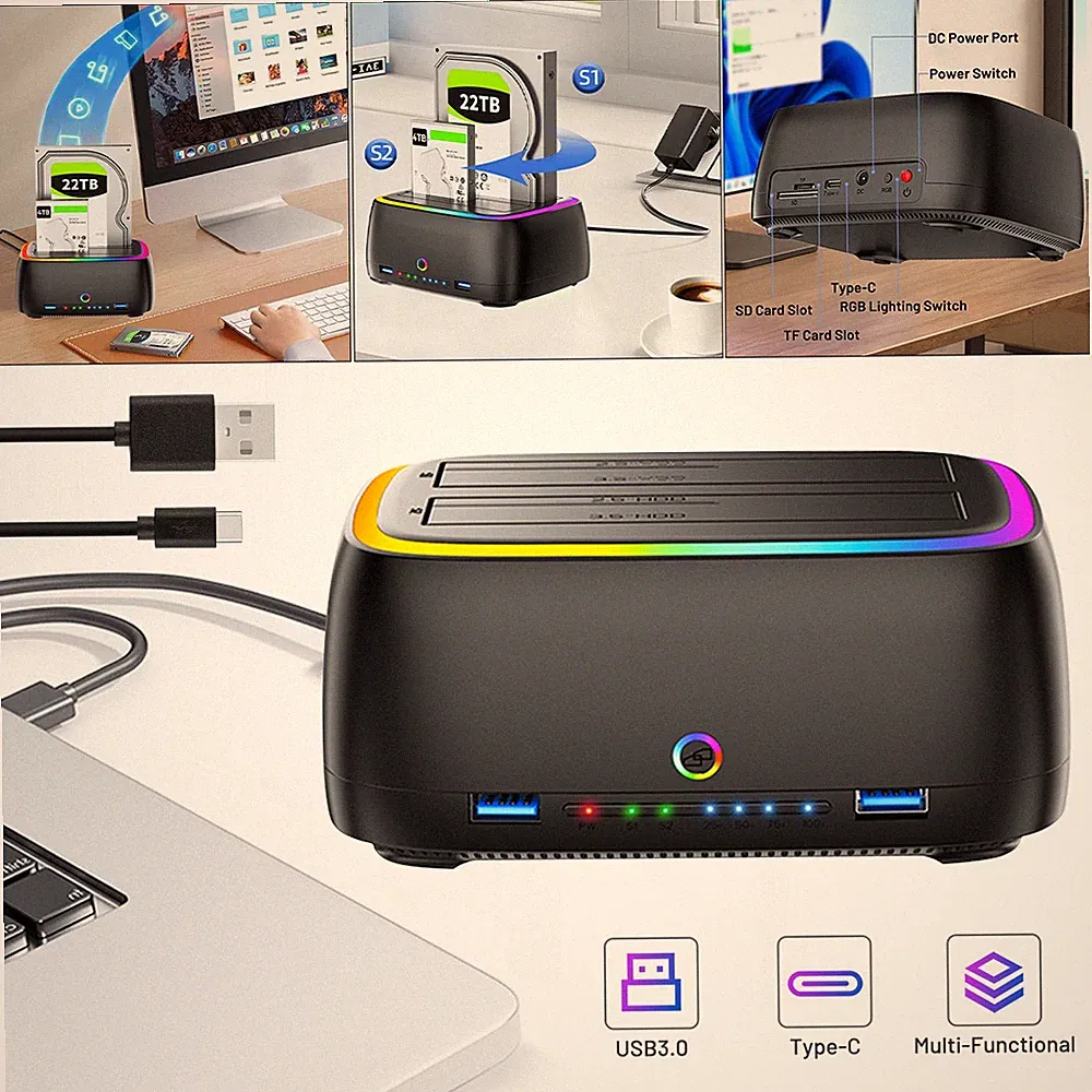 2-Bay SATA Hard Drive Dock Cloner w/ USB Hub, SD/TF Card Reader & Type-C 3.1 New