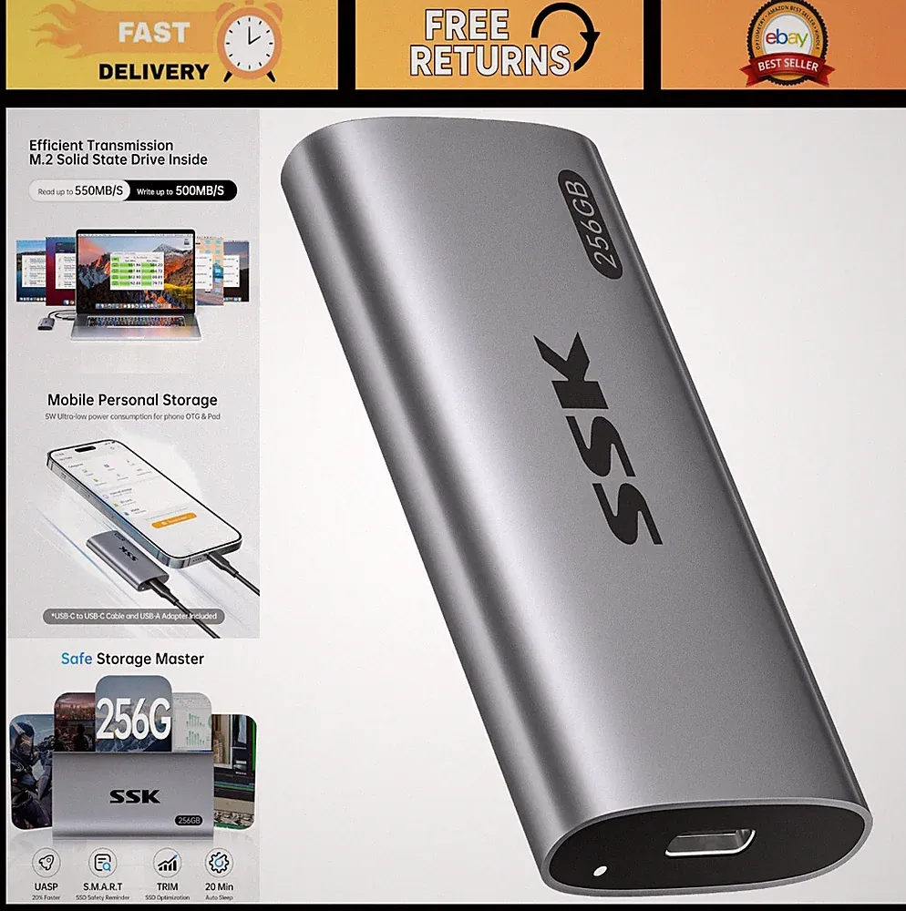 256GB Portable SSD External Hard Drive - 550MB/s USB 3.2 Gen2 for iPhone, Window