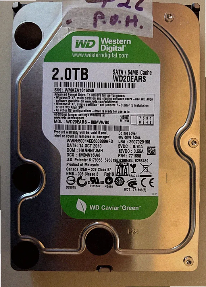 2TB WD20EARS Hard Drive SATA III 3.5" 5.4K RPM Tested Good 26 Power On Hours