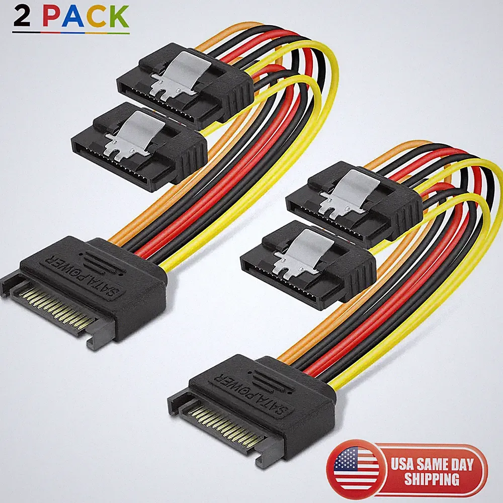 2x SATA Power 15 Pin Y Splitter Cable Adapter Male to Female SSD HDD Hard Drive