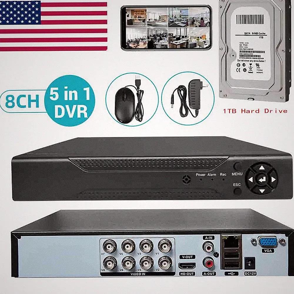 8 Channel H.265 1080P DVR with 1TB Hard Drive for Security Camera System USA