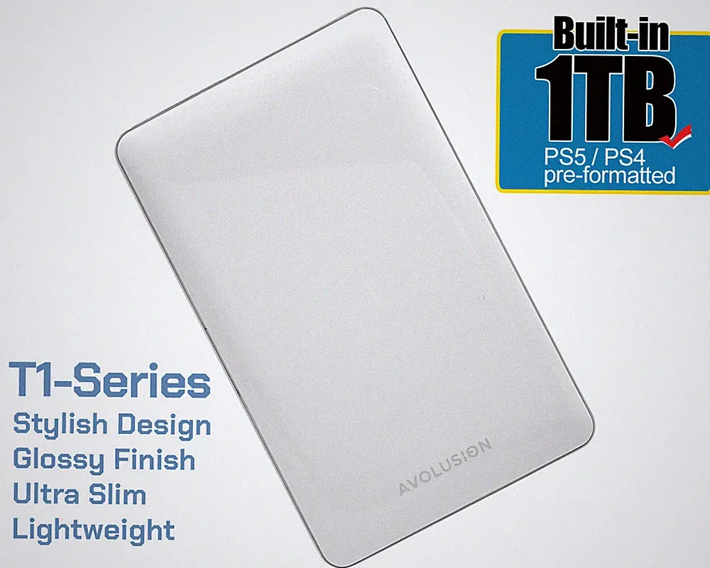 Avolusion T1 Series 1TB USB 3.0 Portable External Gaming PS5 Hard Drive White