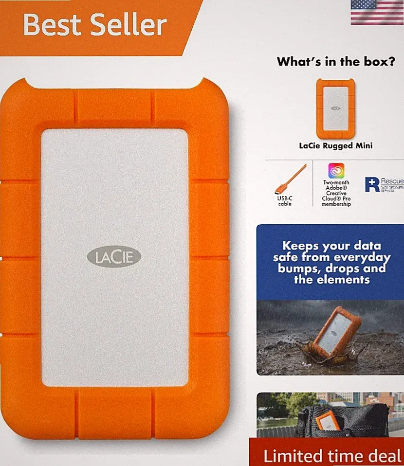 Compact 2TB LaCie Rugged Mini External Drive - Fast USB 3.0 Transfer Speeds