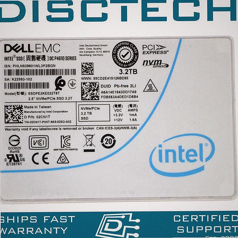 Dell 3.2TB U.2 NVMe 2CN1T Intel P4610 SSDPE2KE032T8T PCIe 2.5 MU SSD
