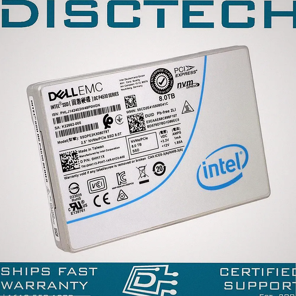 Dell HH11X Intel SSDPE2KX080T8T 8TB 2.5in SFF TLC DC P4510 RI NVMe 3.1 U.2 SSD