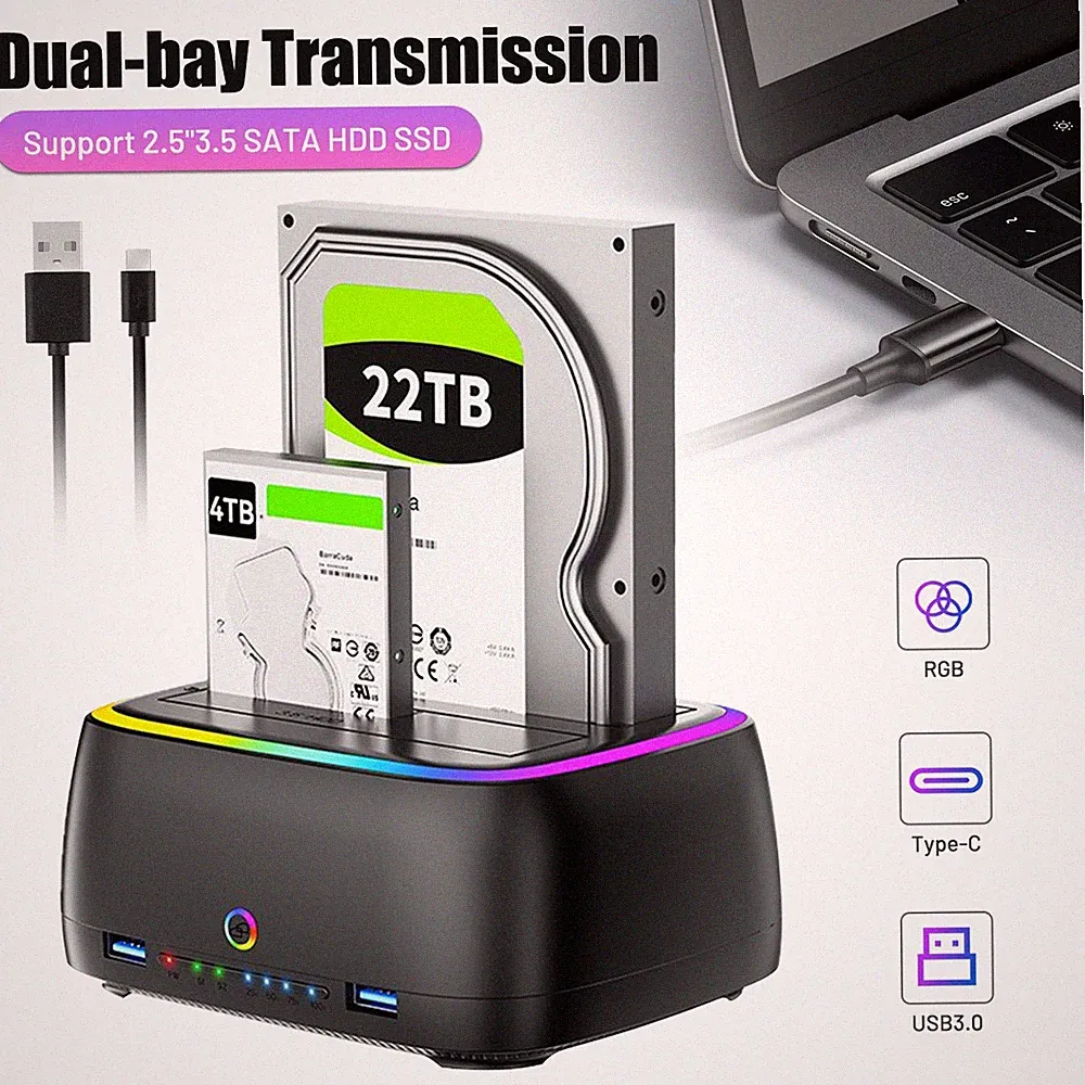Dual Bay Hard Drive Dock w/ Offline Clone, Type-C 3.1 6Gbps for SATA HDD/SSD New