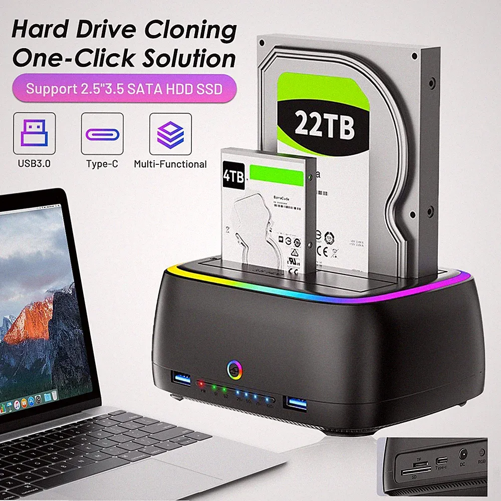 Dual Bay Hard Drive Dock w/ Offline Clone Type-C 3.1 6Gbps USB Hub SD TF Reader