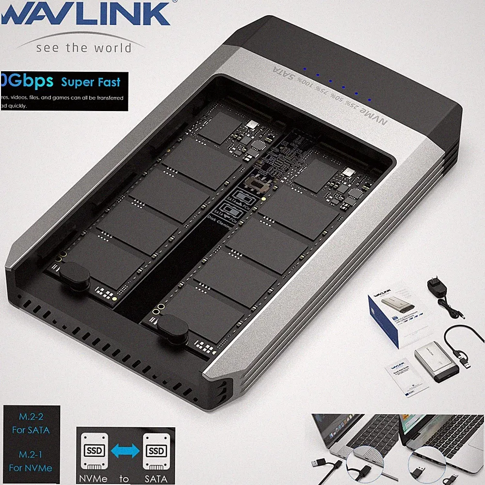 Dual-Bay USB 3.2 M.2 NVME SSD Enclosure 20Gbps for M.2 SSD of M-Key or M+B Key