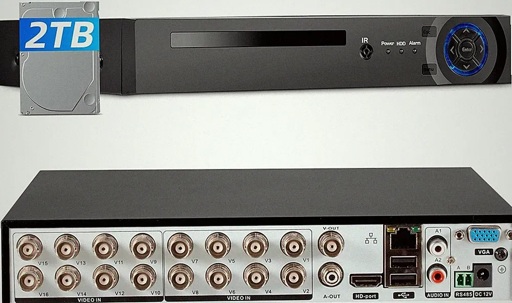 16 Channel H.265 DVR 1080p HD with Hard Drive 2TB for Security Camera System
