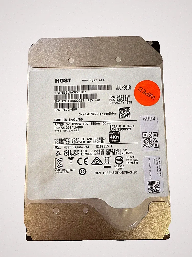 HGST Ultrastar 8TB 3.5” SATA Hard Drive 7200RPM – Wiped - HUH721008ALN600