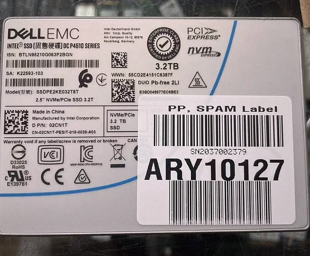 INTEL 3.2TB SSD U2 P4610 DELL EMC 02CN1T Solid State Drive SSDPE2KE032T8T NVME