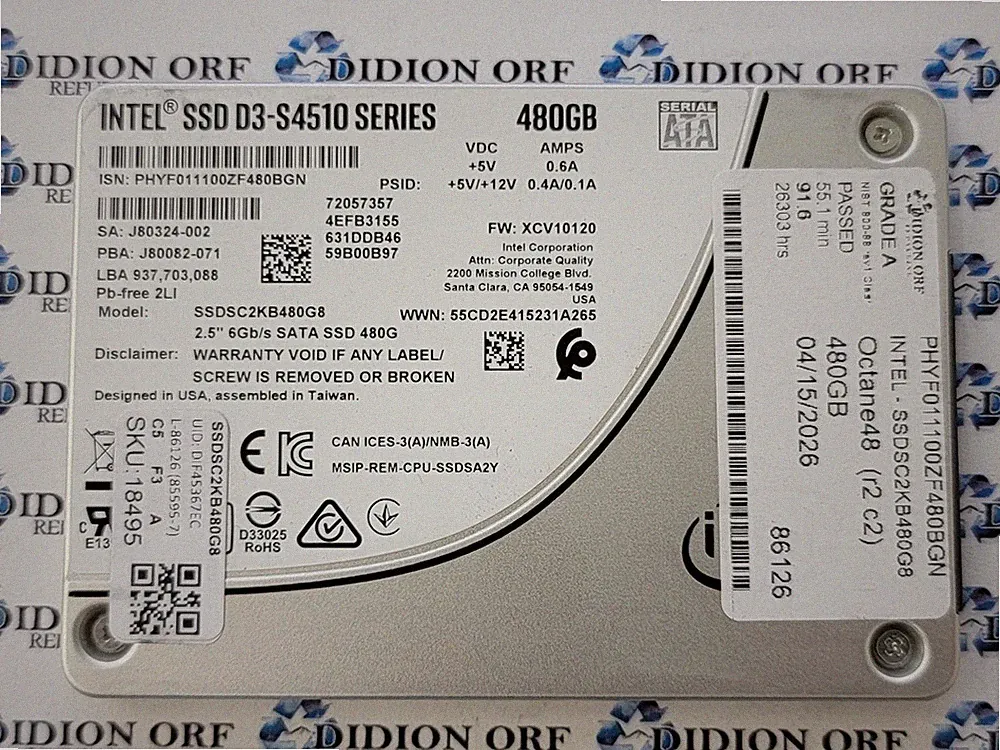 INTEL 480GB 2.5" SATA SSD SSDSC2KB480G8, Grade A, SKU 18495