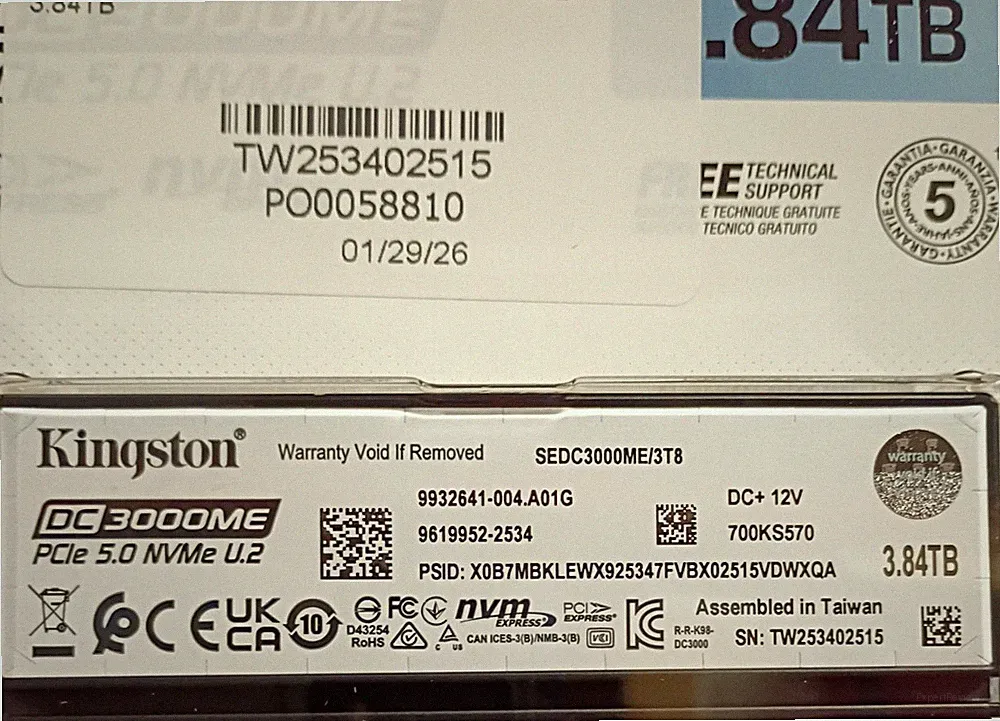 Kingston DC3000ME PCIe 5.0 NVMe U.2 SSD - 3.84TB