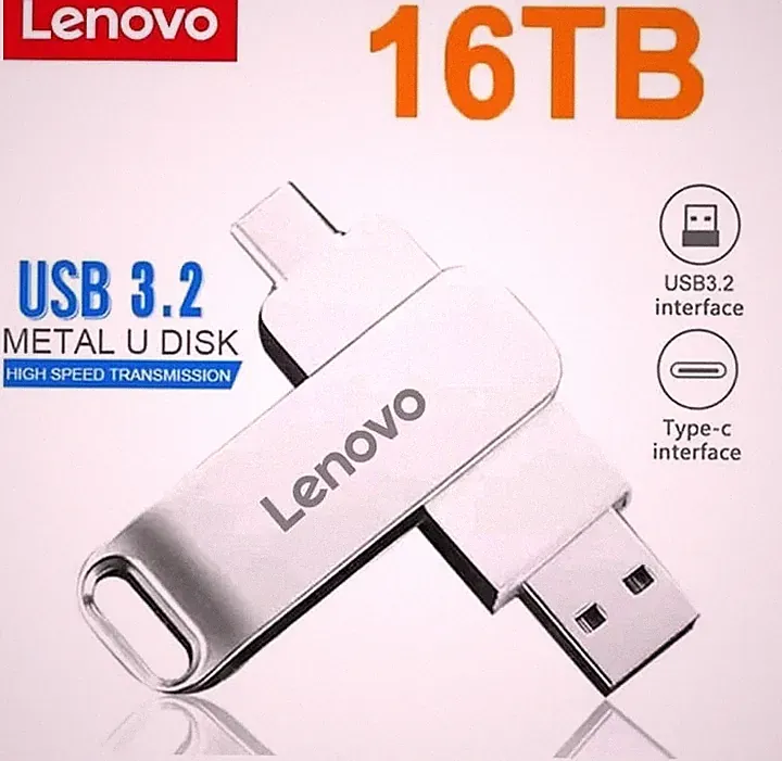 Lenovo 16TB USB 3.2 Flash Drive High Speed Metal U Disk Dual Interface Type-C/US