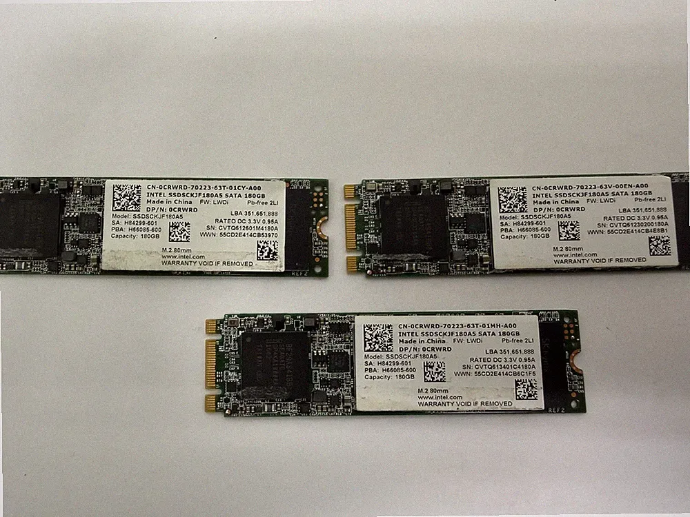 LOT OF 3 - INTEL 180GB M.2 SATA 2280 SSD DRIVES - SSDSCKJF180A5