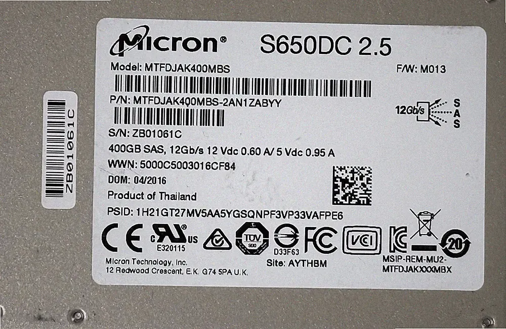 Lot Of 5 Micron S650DC 2.5" SAS SSD Micron 400GB SAS HDD 12Gb/s MTFDJAK400MBS