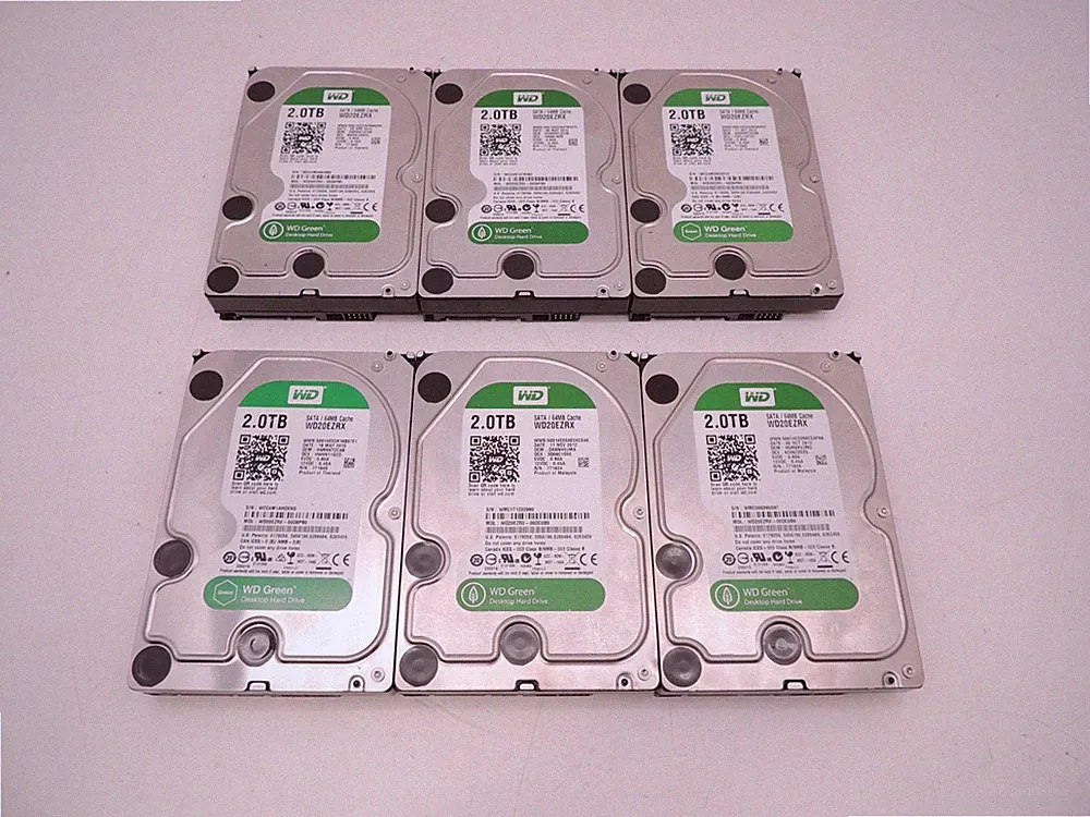 Lot of 6 Low Mileage Western Digital Green WD20EZRX 2TB 3.5" SATA III Hard Drive