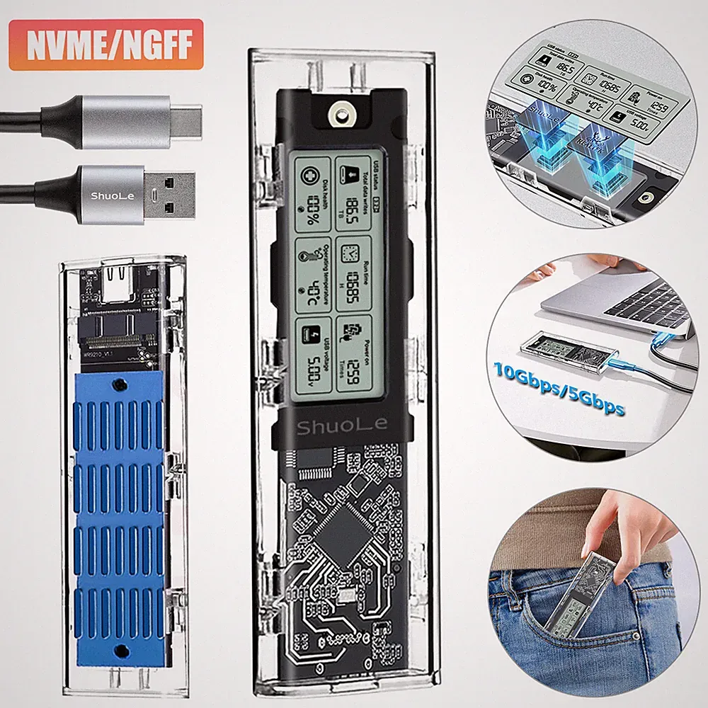M.2 NVMe SSD Enclosure LCD Screen USB 10 Gbps Adapter for 2280 PCI-E M B&M Keys