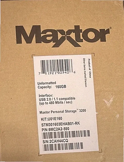 MAXTOR Personal Storage 3200 External Hard Drive 160GB, Power Supply & USB Cable