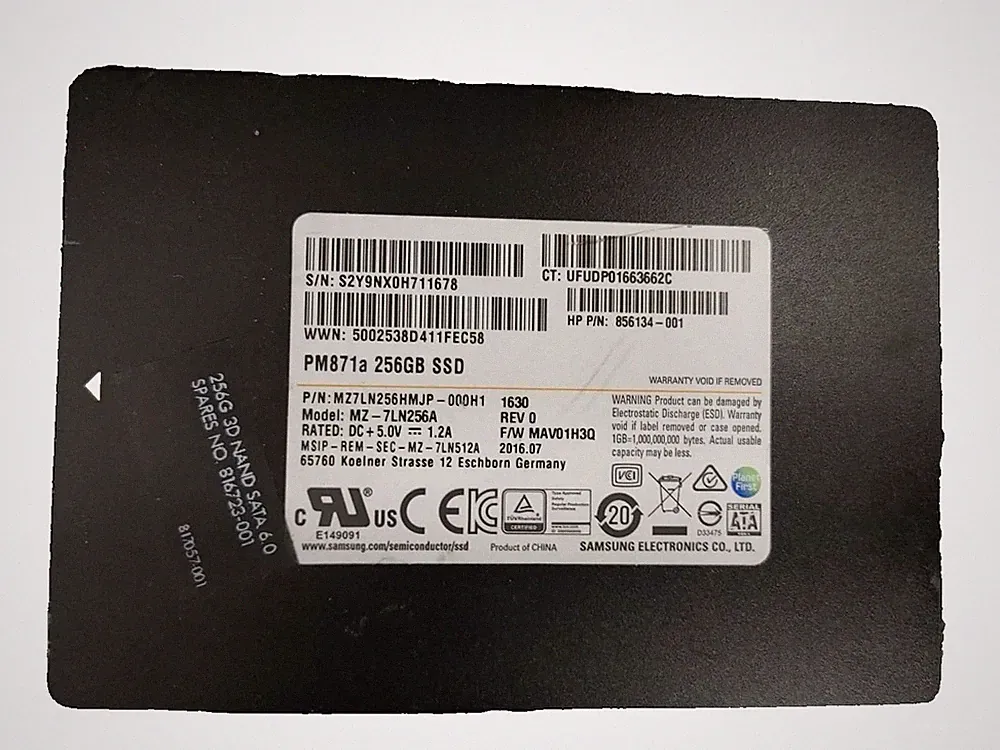 MZ-7LN256A PM871a 256GB 2.5" SATA 6Gbps SSD Hard Drive HP 856134-001 816723-001