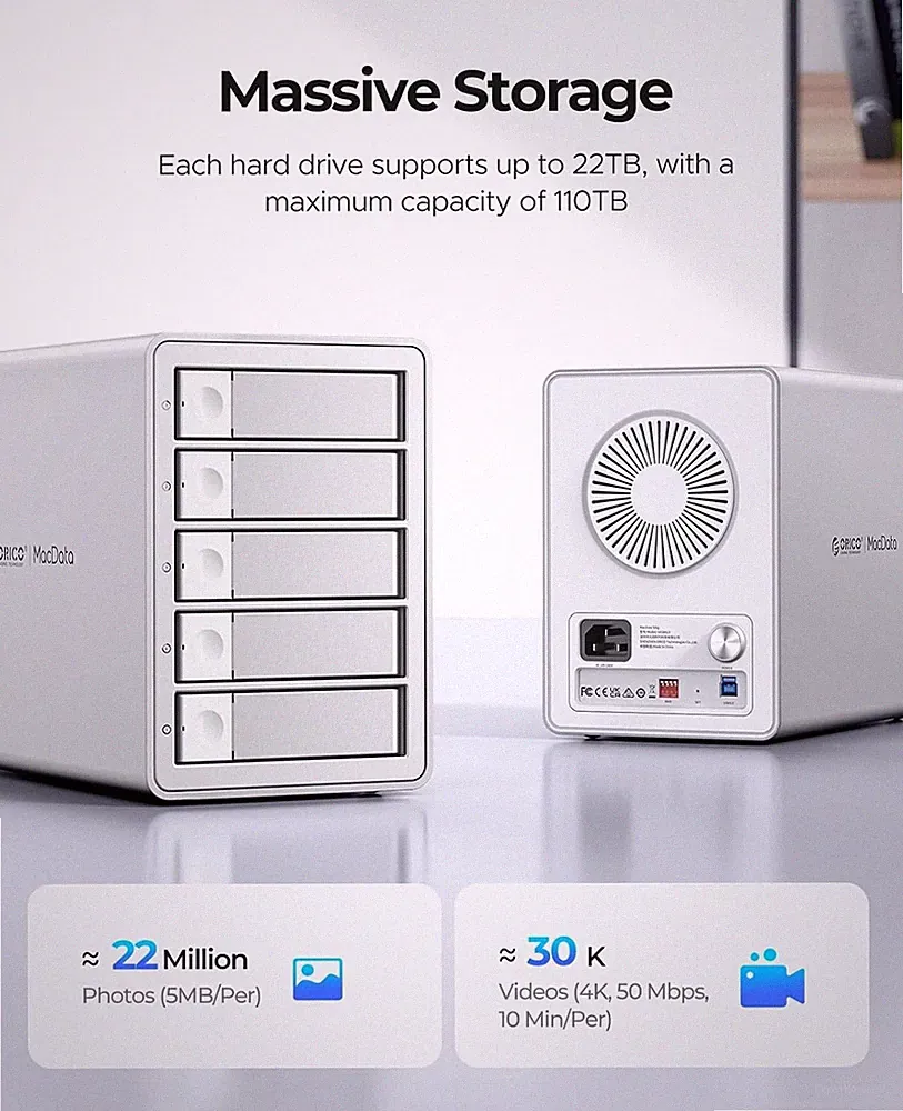 ORICO 5 Bay Raid Hard Drive Enclosure DAS Solution Series USB3.0 DAS Alu 22TB