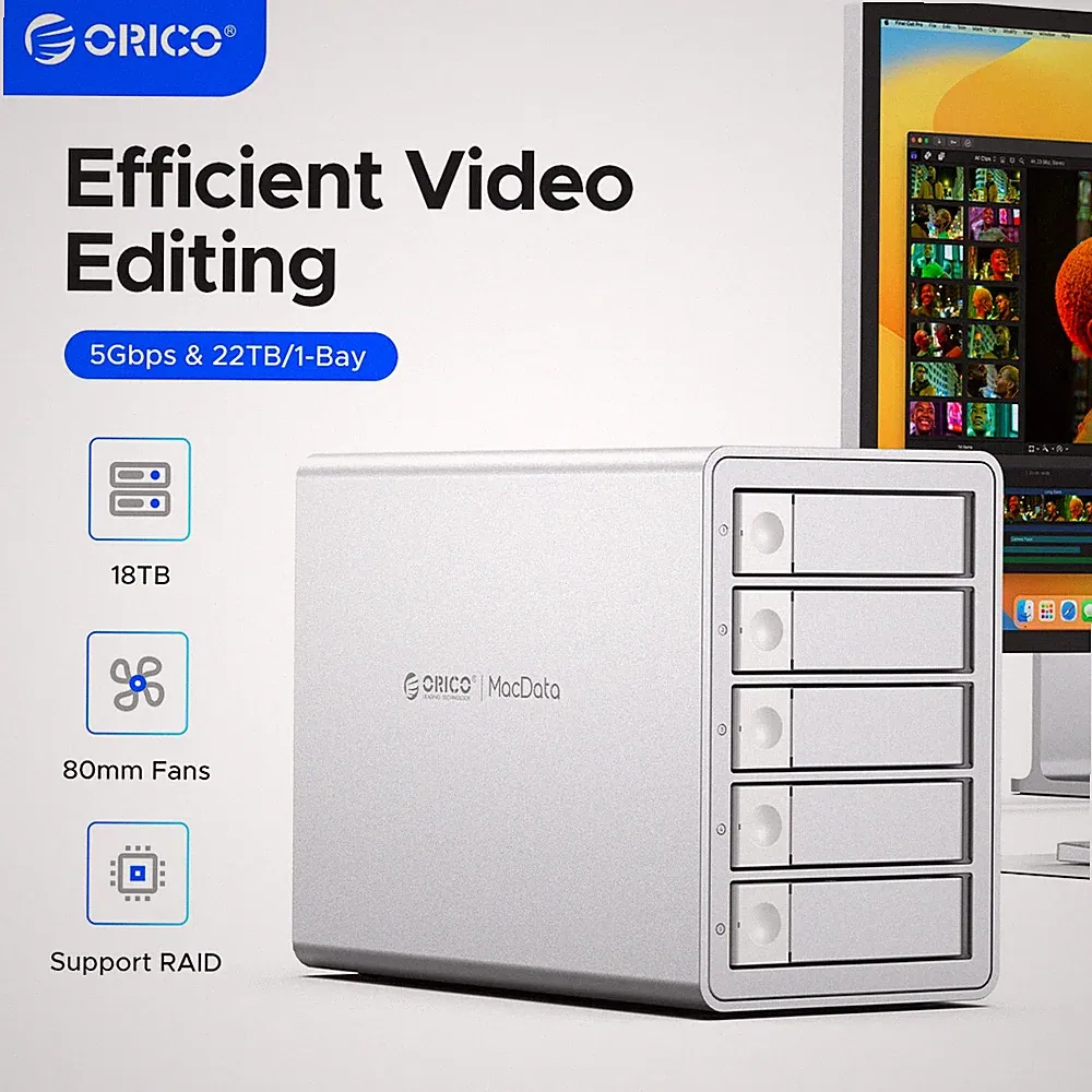 ORICO Daisy Chain 5 Bay Hard Drive Enclosure Alu Das 110TB for 3.5-inchs HDD Fan
