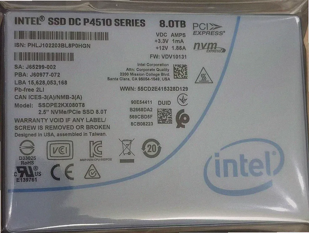 P4510 8TB Intel SSD Series DC NVME U.2 2.5" SSDPE2KX080T8 Solid State Drive