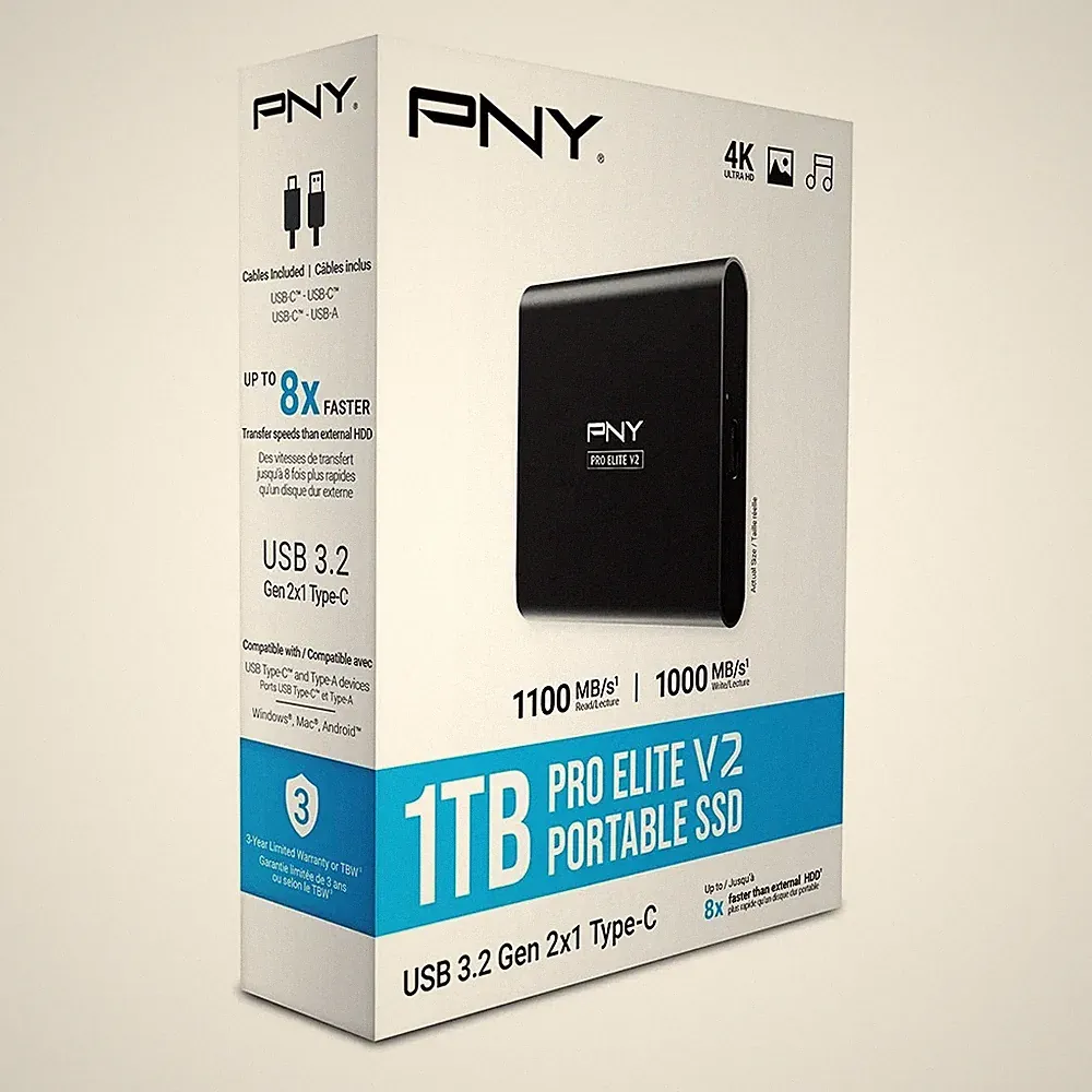 PNY Pro Elite V2 1TB USB 3.2 Gen2x1 Type-C External Portable SSD Up to 1,100MB/s