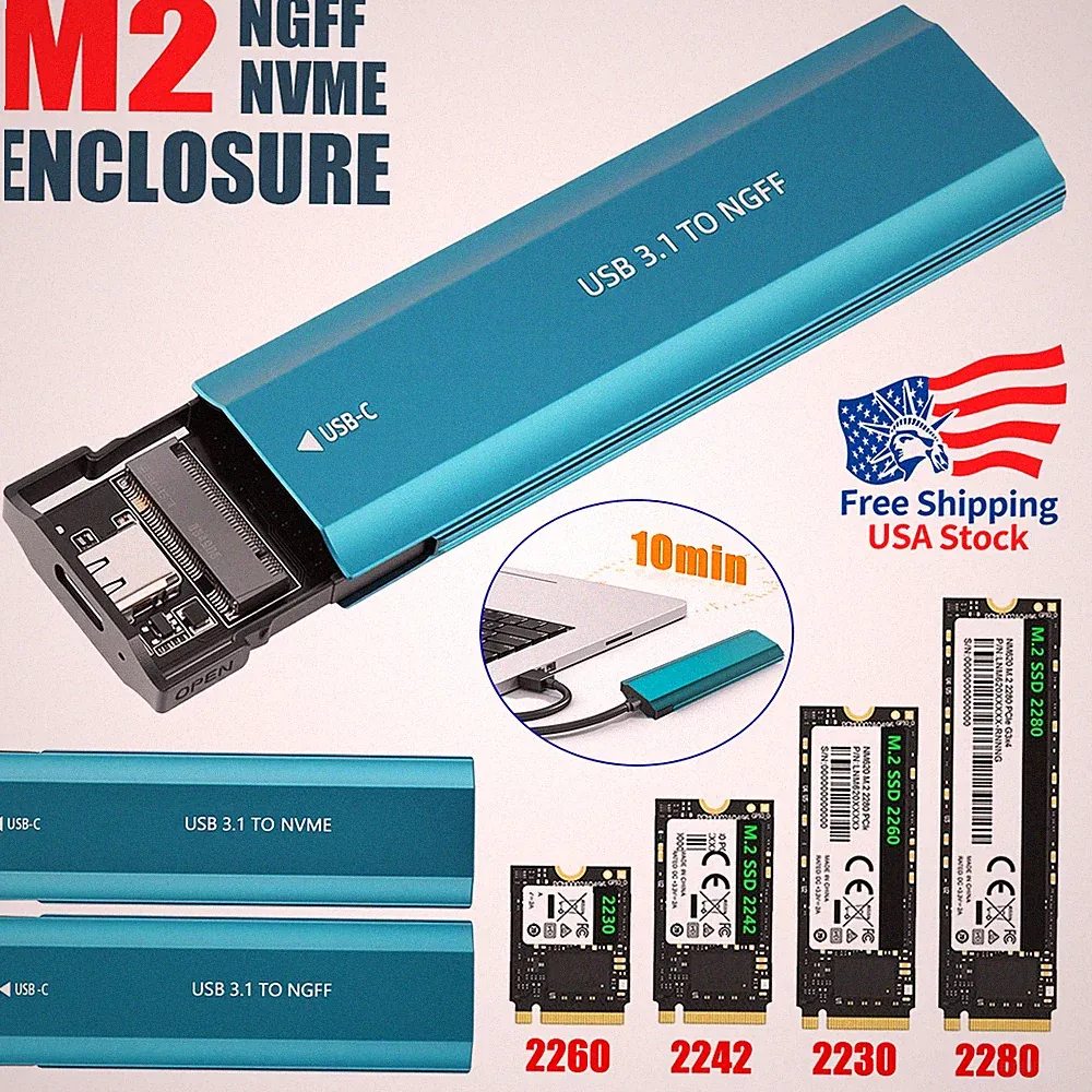 Pocket-Sized M.2 NVME SATA Hard Drive Enclosure USB-C to USB-A 10Gbps Fast New