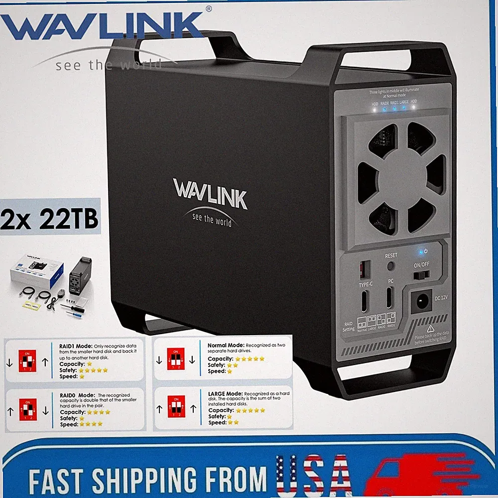 RAID Hard Drive Enclosure for 2.5/3.5" HDD/SSD SATA w/Cooling Fan 4 Modes 44TB