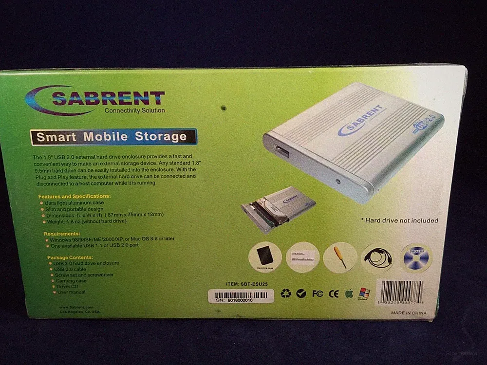 Sabrent sbt-esu18 1.8" USB Aluminum Hard Drive Enclosure IDE PATA