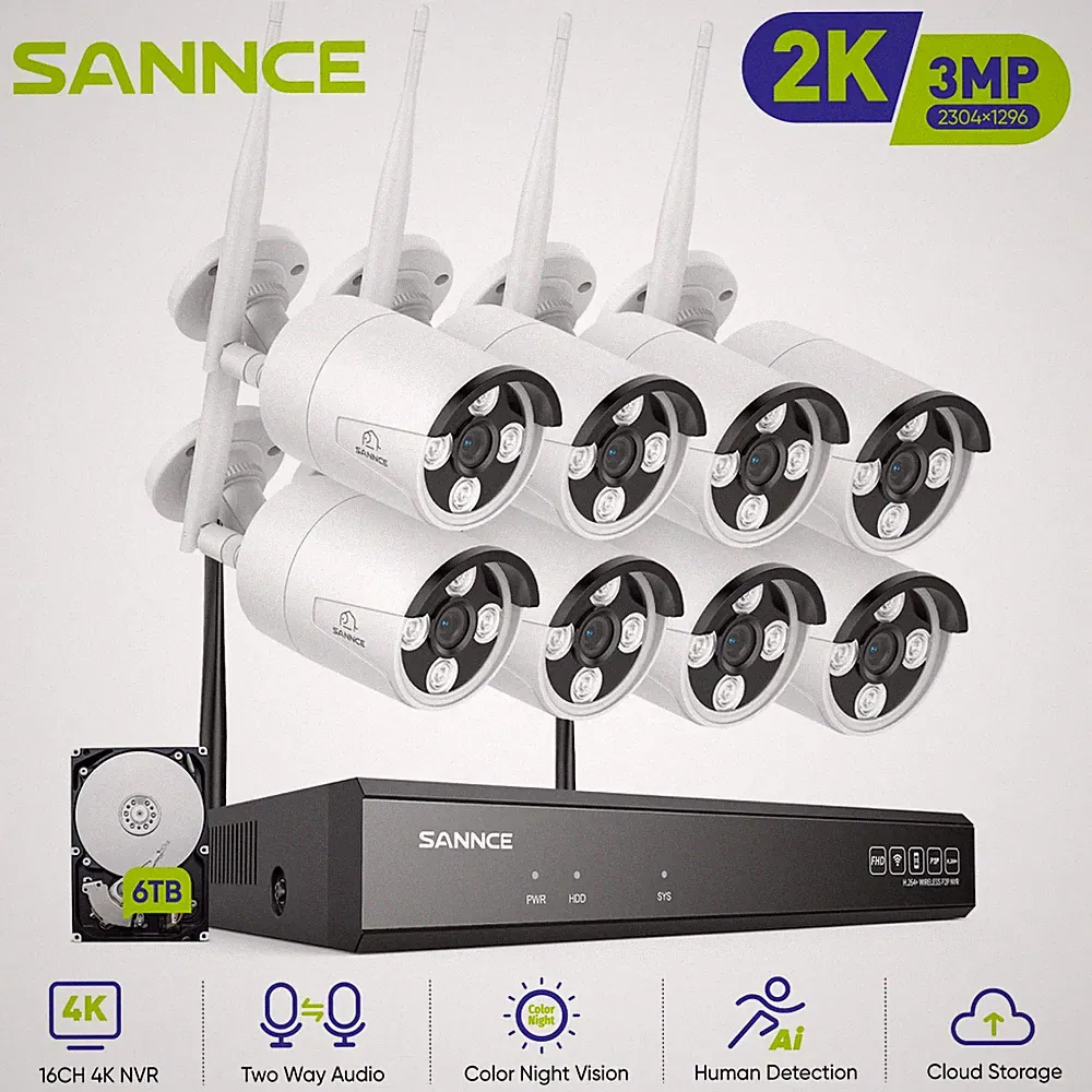 SANNCE Wireless 3MP Two Way Audio IP Security Camera System 8MP 16CH NVR WIFI AI
