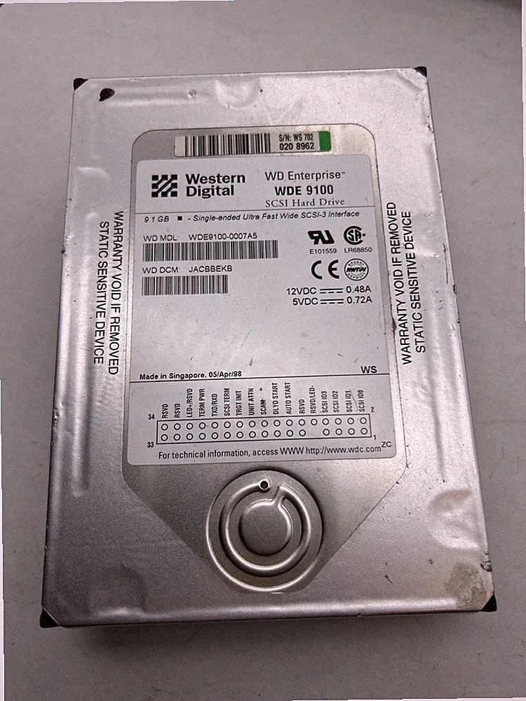 SCSI 9.1 GB Hard Drive Model WDE 9100 WESTERN DIGITAL 3.5" HDD WDE9100 SCSI-3