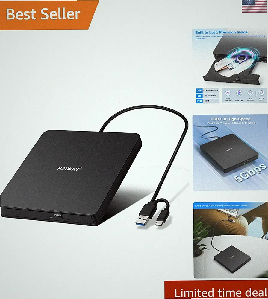Slim External DVD Drive with USB 3.0 & Type-C - Ideal for Laptops & Desktops