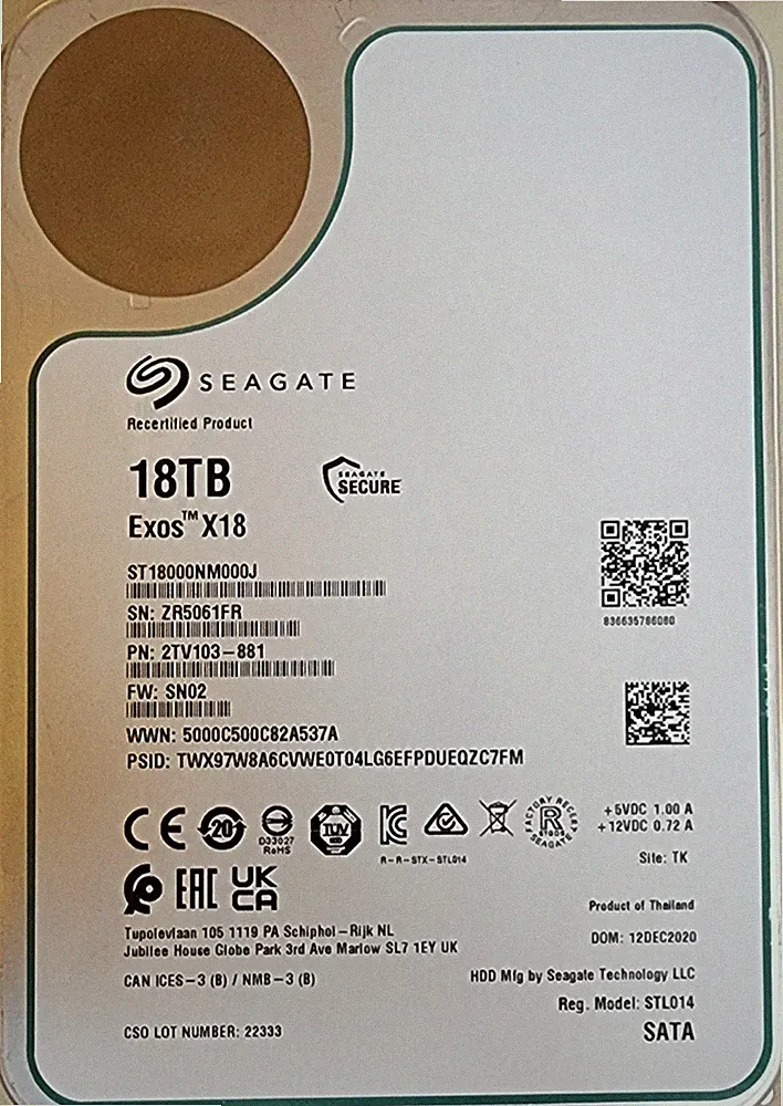 ST18000NM000J Seagate Exos X18 18TB 3.5 256M Enterprise NAS SATA Hard Drive