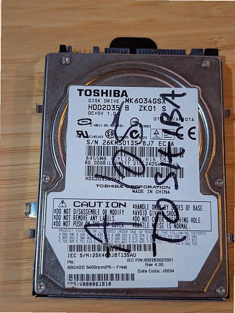 Toshiba 60GB SATA-150 8MB Cache 5400RPM 2.5" Internal Hard Drive HDD (MK6034GSX)