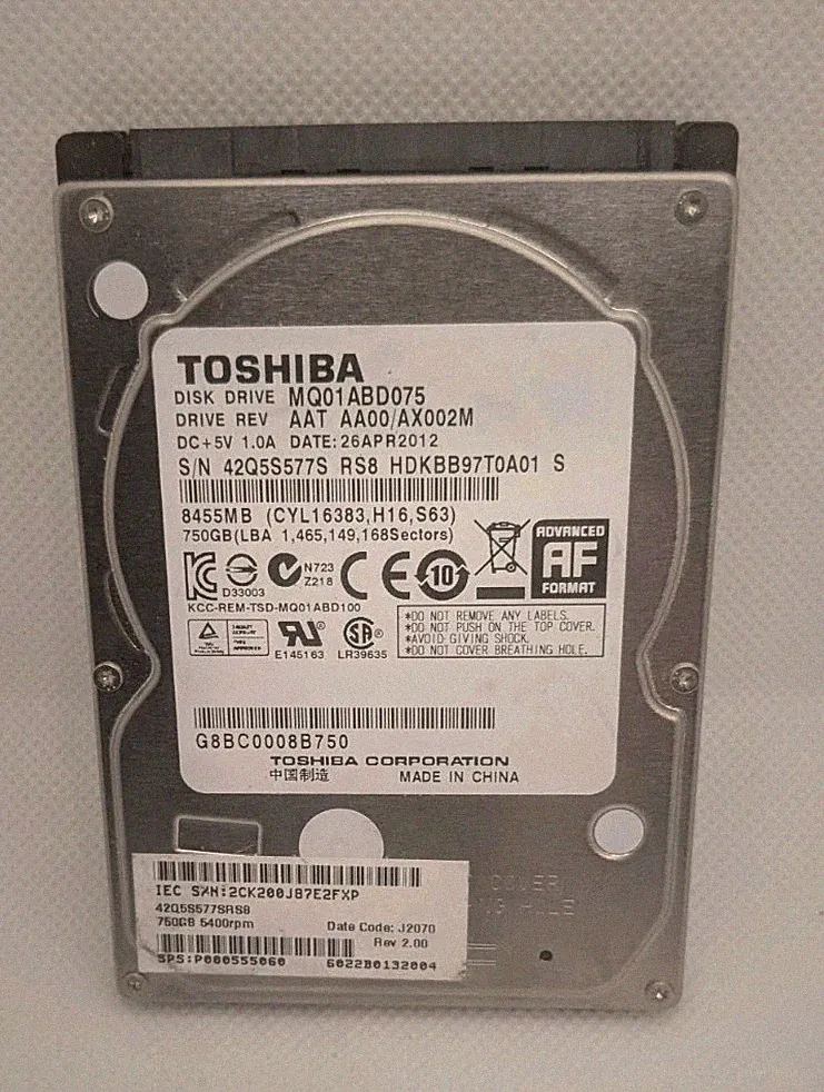 TOSHIBA MQ01ABD075 750GB 5400RPM 8MB Cache SATA 2.5" Internal Laptop Hard Drive