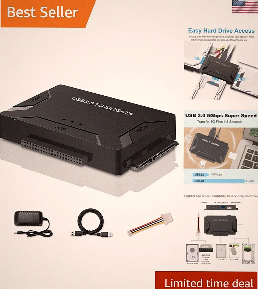 USB 3.0 to IDE & SATA Adapter - Fast 5Gbps Hard Drive Reader for 6TB Drives