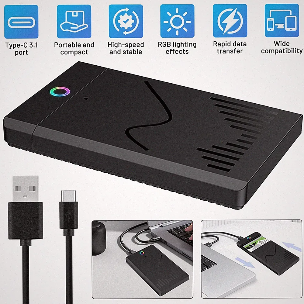 USB 3.1 Type-C 2.5" SATA 3.0 SSD HDD Enclosure RGB External Hard Drive Case New
