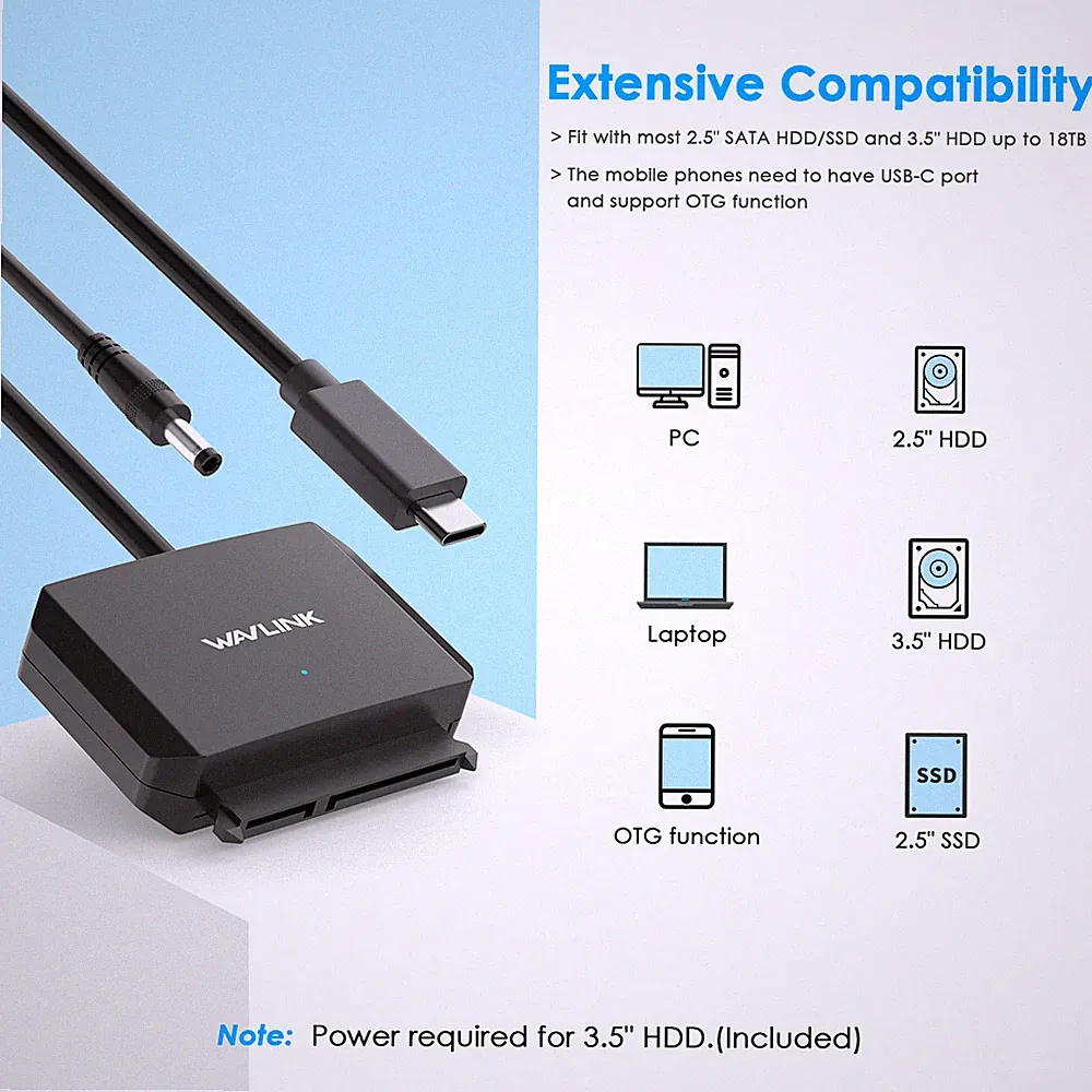 USB-C to SATA Adapter 5Gbps HDD/SSD Reader 2.5/3.5" Drives Plug & Play Power