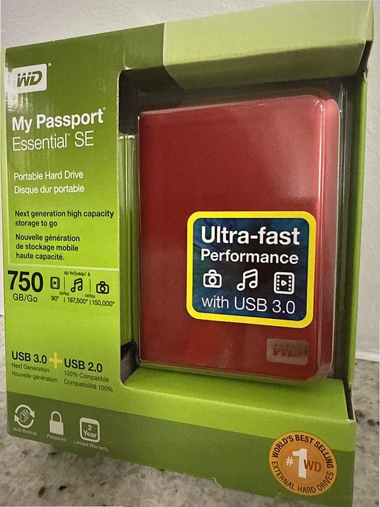 WD My Passport Essential SE 750GB Portable External Hard Drive USB 3.0 Red