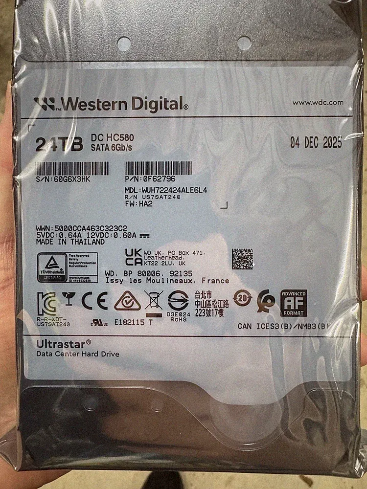 WD Ultrastar DC HC580 24TB WUH722424ALE6L4 0F62796 7.2K RPM SATA 6GB/s 3.5in HDD