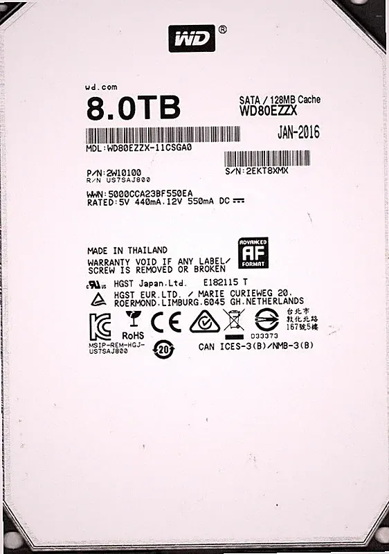 WD80EZZX-11CSGA0 P/N: 2W10100 Western Digital 8TB 3.5 WD Sata Hard Drive